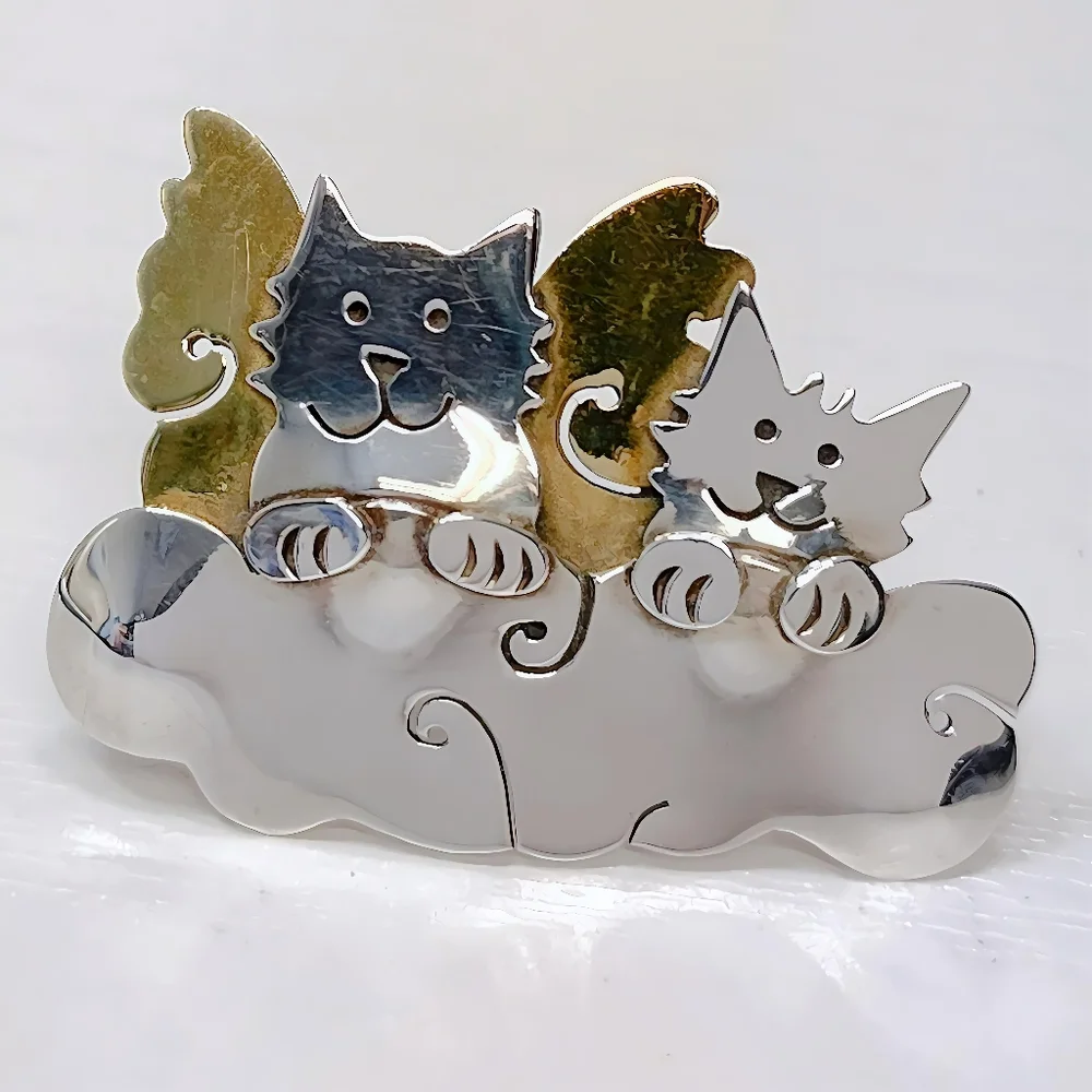 Vintage Far Fetched Sterling Silver Brass Furry Pets Guardian Angel Brooch Pin
